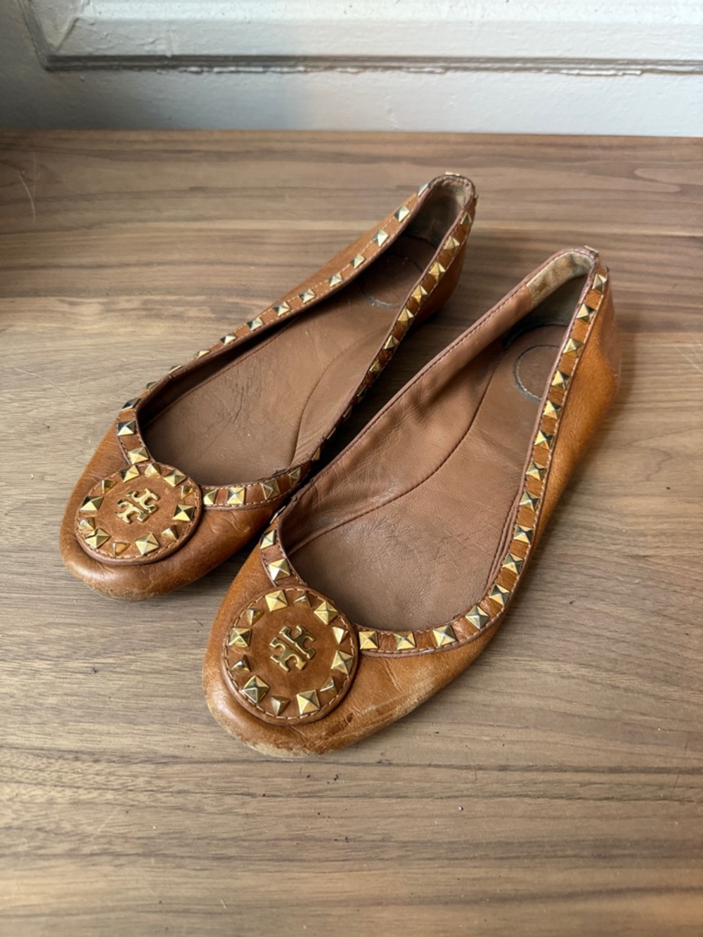 Tory Burch Brown Leather Studded Logo Ballet Flats